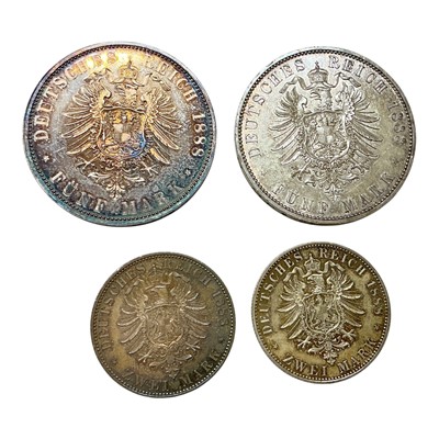 Lot 614 - German States - Prussia, Friedrich mixed silver coins to include 5 Mark 1888A x 2 GEF & 2 Mark 1888A x 2 GEF (4 coins)