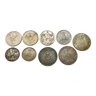 Lot 615 - German States - Prussia, mixed silver coins to include Wilhelm 5 Marks 1874A EF, Wilhelm II '200 Years Commemorative' 1901A EF, 1914A (N.B. Obv: Field marks) otherwise EF, 3 Marks Wilhelm II 191...