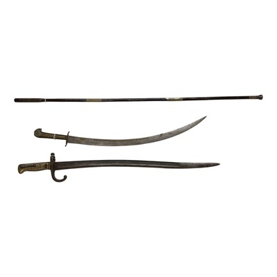 Lot 869 - French 1866 pattern Chassepot bayonet, together with a 19th century Indo Persian sword and a Victorian gadget stick, (3).