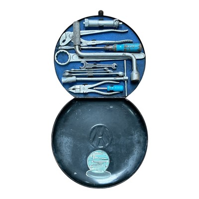 Lot 1 - Rare vintage Volkswagen (VW) Hazet tool kit, circa. 1950's / 60's, with contents (appears complete), in black metal case with VW logo embossed on the lid.