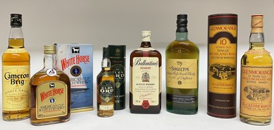 Lot 34 - Six bottles of whisky: Glenmorangie 10 year old, 40%., 75cl., The Singleton 12cyear old, Ballantine's Finest Scotch Whisky, 1 litre, Cameron Brig, Glen Ord 12 year old, 20cl. and White Horse Ame...