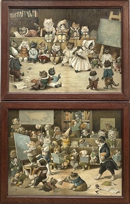 Lot 173 - Pair Louis Wain prints in original oak glazed frames - Mrs. Tabitha’s Cats’ Academy and The Dogs Academy, 30.5cm x 40.5cm.