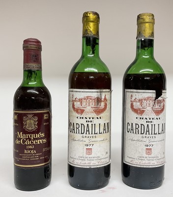 Lot 74 - Two bottles, Chateau de Cardaillan Graves 1977, together with a half bottle of Marques de Caceres Rioja 1983 (3)