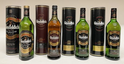 Lot 96 - Four bottles, Glenfiddich Solera Reserve 15 years old (1), 12 years old (2) and Special Old Reserve, each 1 litre bottles, in original card tubes