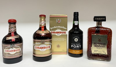 Lot 98 - Four bottles, Drambuie (2), Disaronno Amaretto and Fine Tawny Port