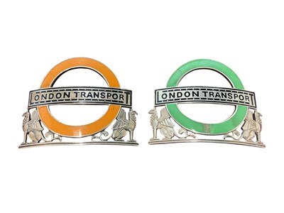 Lot Two 1930s silver and enamel London Transport badges, numbered 483 and 296 to reverse, (Birmingham 1934), maker J R Gaunt & Son, each 6cm in width, (2).