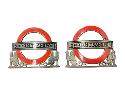 Lot Two 1930s silver and enamel London Transport badges, numbered 1893 and 2465 to reverse, (Birmingham 1933 and 1936), maker J R Gaunt & Son, each 6cm in width, (2).