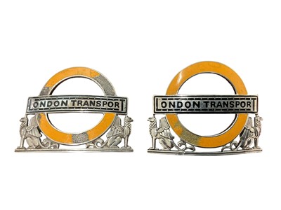 Lot Two 1940s silver and enamel London Transport badges, numbered 3819 and 3714 to reverse, (Birmingham 1947, 1948), maker J R Gaunt & Son, each 6cm in width, (2).