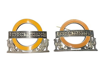 Lot Two 1960s / 70s silver and enamel London Transport badges, numbered 1233 and 1222 to reverse, (Birmingham 1969, 1971), maker J R Gaunt & Son, each 6cm in width, (2).