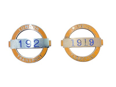 Lot Two vintage enamel London Transport badges, numbered 192 and 1919, by J R Gaunt & Son, each 5.2cm in width, (2).