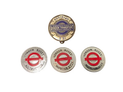 Lot Vintage London Transport Official badge numbered 331, together with two London Buses Inspector badges numbered 0751 and 3125, and a London Buses Instructor Badge, (4).