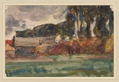 Lot Harry Becker (1865-1928) watercolour, Landscape with Men Building a Hayrick, Abbott and Holder label states 'inscribed verso', 19 x 28cm, glazed frame
