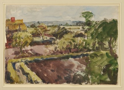 Lot Harry Becker (1865-1928) watercolour, Wenhaston Gardens, possibly from the Church Tower, 34 x 47cm, glazed frame