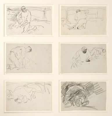 Lot Harry Becker (1865-1928) graphite, Six Studies of Sheep Shearing, each approximately 13 x 21cm, mounted but unframed