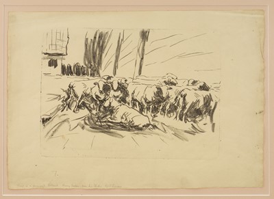 Lot Harry Becker (1865-1928) lithograph, Sheep in a Farmyard, Holland, inscribed to margin as titled and 'from his studio G J Becker', image 28 x 38cm, in glazed frame