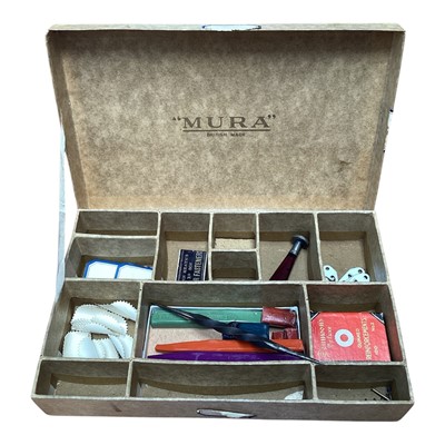 Lot 5007 - Box of craft supplies, including an engraving tool, wax seal sticks, buttons, enamel number labels, etc