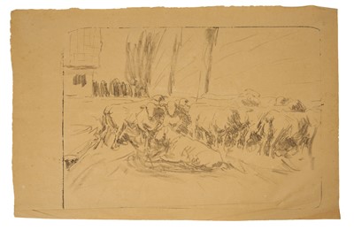 Lot Harry Becker (1865-1928) lithograph, Sheep Beside Barns, image 29 x 39cm, unframed