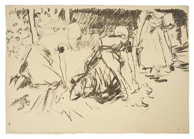 Lot Harry Becker (1865-1928) lithograph, Dutch Girls Gathering Potatoes in an Orchard, inscribed as tiled and further inscribed 'Harry Becker, from his studio, G & J Becker', sheet size, 39 x 57...