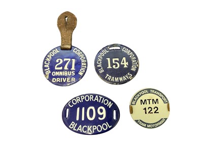 Lot Vintage Blackpool Corporation Omnibus Driver badge with leather tab, together with two Blackpool Tramways badges and another Blackpool Transport badge, (4).
