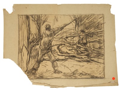 Lot Harry Becker (1865-1928) charcoal, Woodcutters Trimming Fallen Trees, signed and dated '12, possibly a design for a lithograph, image 30 x 37cm