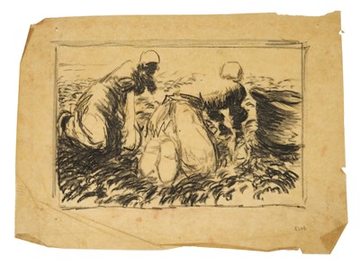Lot Harry Becker (1865-1928) graphite on greaseproof paper, Two Women Harvesting Potatoes, 20 x 30.5cm, possibly a working study for a lithograph, unframed