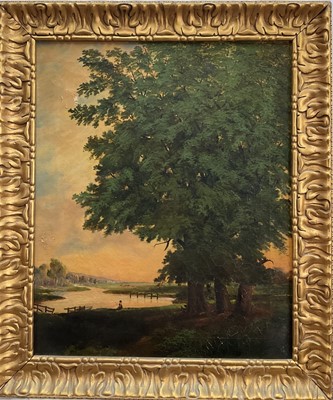 Lot 100 - Joseph Gawthorpe Ellis - 19th century oil on canvas, depicting a rural landscape with a figure fishing, indistinctly signed, 55cm x 44.5cm, in ornate gilt frame.