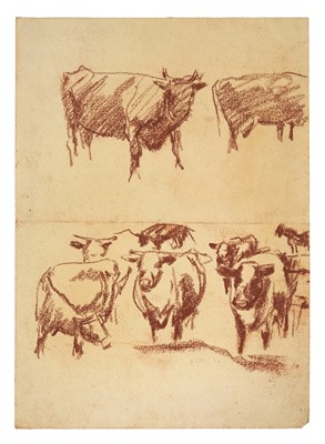 Lot Harry Becker (1865-1928) sanguine, Cattle Studies, with a pencil study of a goat verso, 33 x 25cm