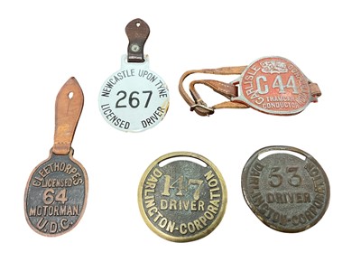 Lot North East interest- Group of five transport badges comprising, Darlington Corporation Driver badge (x2), Cleethorpes Motorman U.D.C. badge, Newcastle Upon Tyne Licensed Driver badge, and a Carl...