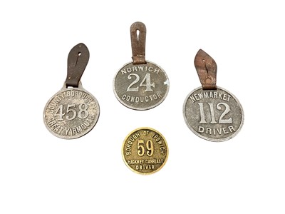 Lot East Anglian interest- Group of four transport badges comprising, Newmarket Driver badge, County Borough of Great Yarmouth, Norwich Conductor and Borough of Ipswich Hackney Carriage Driver badge...