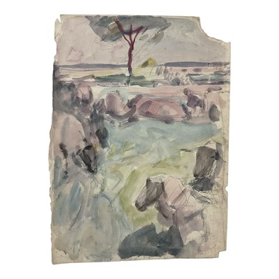 Lot Harry Becker (1865-1928) pencil and watercolour, Suffolk Sheep in a Landscape, a pencil study verso, 38 x 27cm