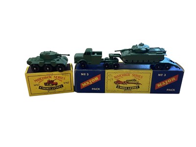 Lot 1774 - A Moko Lesney Matchbox 1-75 Series Major Pack military transporter & Centurion tank, boxed No.3, M3 half track personnel carrier No.49, Saracen personnel carrier No.54, DUKW No.55, Ferret sc...