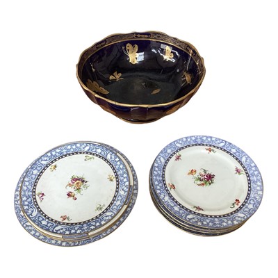 Lot 5105 - Large 19th century Masons Ironstone bowl with gilded butterflies and insects on cobalt blue ground and ten Crown Staffordshire porcelain plates