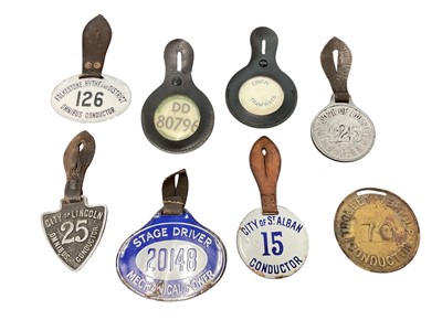 Lot Group of eight transport badges comprising, Crich Tramways, City of Lincoln Omnibus Conductor, Borough of Burnley Driver, Folkestone, Hythe and District Omnibus Conductor, City of St. Alban Cond...