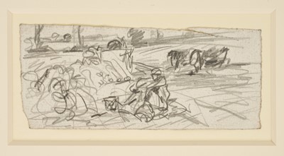 Lot Harry Becker (1865-1928) pencil, Landscape with Farm Workers, 6.5 x 14cm, mounted but unframed