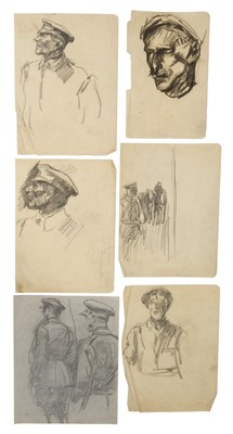 Lot Harry Becker (1865-1928) graphite, Studies of a WWI Soldier, 25 x 20cm, together with five further sketches on the same theme, all unframed