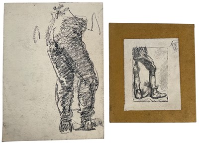 Lot Harry Becker (1865-1928) etching with graphite, Study of Legs and Boots, a sketch to the margin, 13 x 10cm, stuck down onto board, together with a charcoal sketch of a similar subject, both unfr...