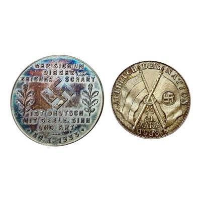 Lot 639 - Germany - Two silver commemorative medallions to include The Awakening of Nation - Potsdam Day 21 March 1933 (Dia: 33mm) and another dated 30.1.1933 by Oertel Berlin (Dia: 39mm) (2 medallions)