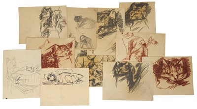 Lot Harry Becker (1865-1928) sanguine, Study of a Cat, 18 x 23cm, and a group of cat studies in a variety of media, all unframed. (11)