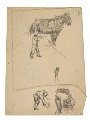 Lot Harry Becker (1865-1928) graphite, Men and Working Horses, various sketches to three faces of a folded page, 28 x 20cm, unframed