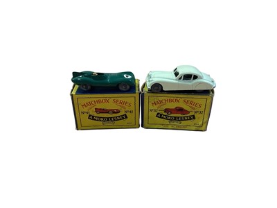 Lot 1777 - A Moko Lesney Matchbox Series 1-75 Jaguar XK140 No.32, Ford Zodiac convertible No.39 Jaguar D-Type No.41, Rolls Royce Silver Cloud No.44, Maserati 4CLT No.52 (wrong box), Aston Martin DB2/4 No.53,...