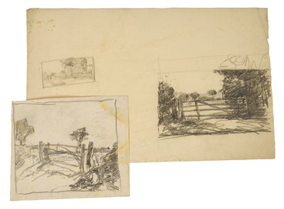 Lot Harry Becker (1865-1928) graphite, Figures Resting Beside a Gate, 19 x 21cm, together with another of a farm gate, both unframed.