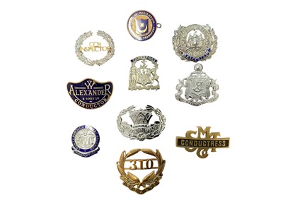 Lot Group of ten various transport badges to include an Alexander & Sons Ltd Conductor badge, Birmingham City Transport Inspector badge, City of Portsmo...