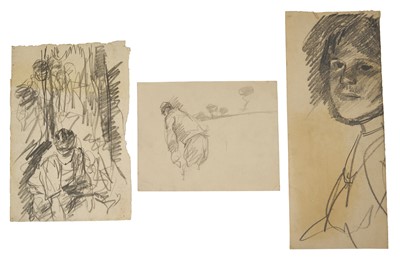 Lot Harry Becker (1865-1928) graphite, Farm Labourer, 15 x 36cm, and two further sketches of farm workers, all unframed
