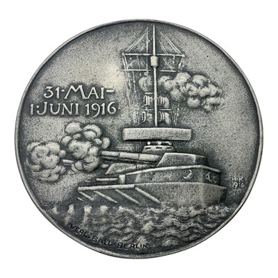 Lot 649 - Germany - A silvered bronze commemorative medallion honouring Admiral Reinard Scheer for his roll in The Battle of Jutland 31st May-1st June 1916, Obv: By Hugo Kaufmann reverse by Verl Ball (Dia...