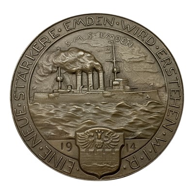 Lot 653 - Germany - A large bronze medallion commemorating Captain Von Mueller in relief, the reverse depicts S.M.S. Emden 1914 by Hieglum (Dia: 105mm) (1 medallion)