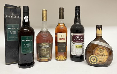Lot 100 - Five bottles, Hine Cognac, Martell V.S. Cognac, Cream Sherry, Burmester White Porto (boxed) and a bottle of 1986 Werbacher Kirschberg