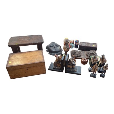 Lot 5150 - Group of treen, including carved figural bookends, book slide, writing slope, Russian dolls, etc
