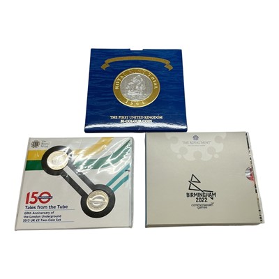 Lot 450 - G.B. - Royal Mint mixed brilliant UNC flatpack coin sets to include minting the Two Pound trial piece 'Stages of Production' four coin set - The First BI - colour coin (Rare), Birmingham Commonw...