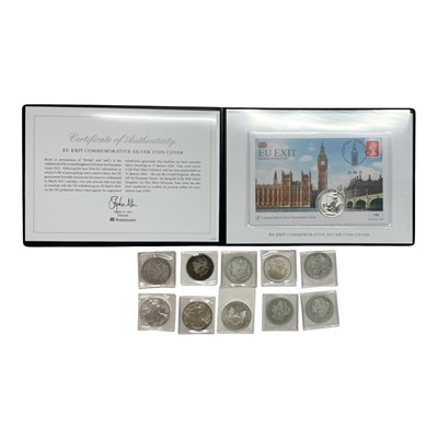 Lot 452 - World - Mixed silver Dollars x 7 (N.B. Mixed grades), 1oz .999 fine silver Dollars x 3 (UNC) and a G.B. coin cover EU exit commemorative silver 1oz Britannia 2020 UNC (11 coins)