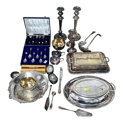Lot 5103 - Group of silver plate, including two pairs of candlesticks, two tureens, cruet set, etc